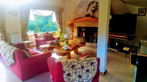 sala de estar con muebles de color rosa y chimenea en Apart Hotel y Hosteria del Sir, en Villa La Angostura