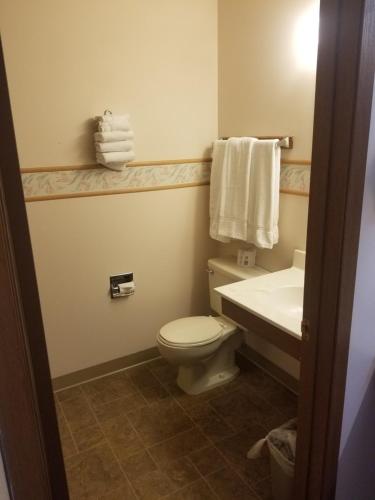 a bathroom with a toilet and a sink and towels at St. Croix Inn in Solon Springs