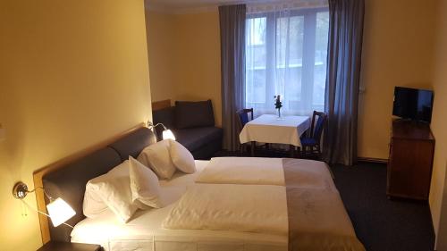 a hotel room with a bed and a couch and a television at Penzion Dolíček in Cheb