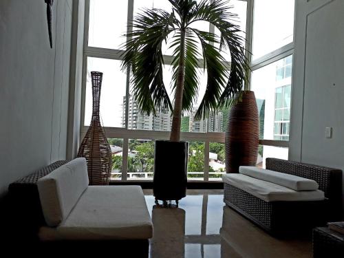 una sala de estar con una palmera frente a una ventana en Apartamento Frente al Mar, en Santa Marta