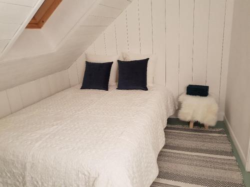 une chambre avec un lit blanc avec deux oreillers dans l'établissement La Baie des Voiles 3 chambres 4 à 6 personnes au bord du lac plage privée, à Duingt