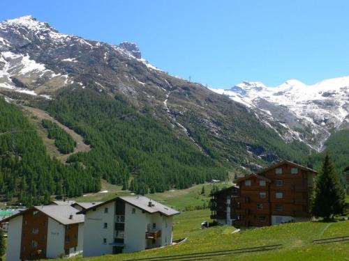 a group of buildings in a valley with snow covered mountains at Apartment Amici 20 by Interhome in Saas-Fee