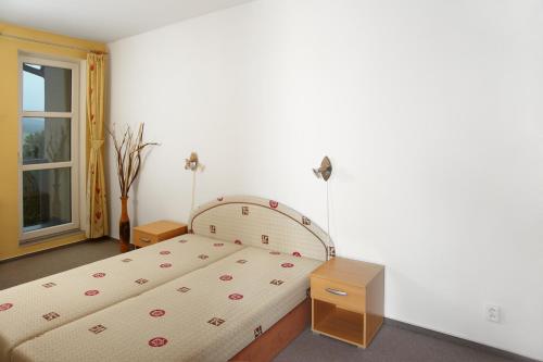Schlafzimmer mit einem Bett und einem Fenster in der Unterkunft Apartmány KLÍNOVEC - Apartment KEILBERG in Loučná pod Klínovcem
