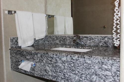 a bathroom counter with a sink and a mirror at Garden City Inn in Garden City