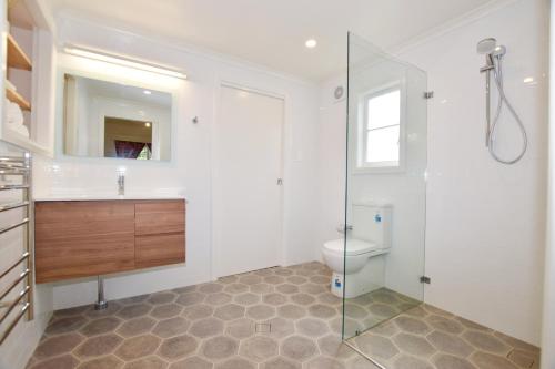 a bathroom with a toilet and a glass shower at Waragil Cottage - Original Settler's Home in Blackheath