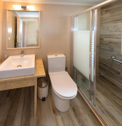 a bathroom with a toilet and a sink and a shower at Amoya villas in Stoupa
