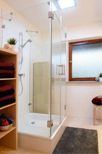 a shower with a glass door in a bathroom at Haus Gronau in Bergisch Gladbach