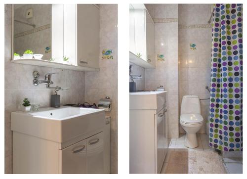 twee foto's van een badkamer met wastafel en toilet bij VIOLET APARTMENT in Skopje