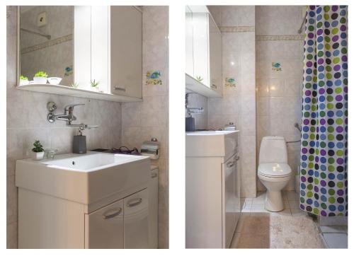 two pictures of a bathroom with a sink and a toilet at VIOLET APARTMENT in Skopje
