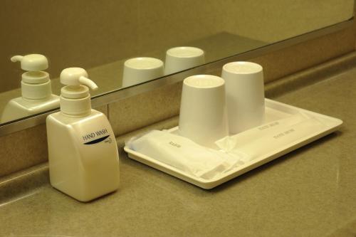 a bathroom with a lotion dispenser and a mirror at Suizenji Comfort Hotel in Kumamoto