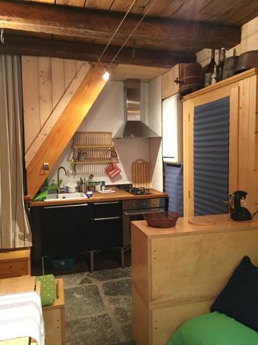 a small kitchen with a sink and a stove at La Tana dell'Orso in Forni di Sopra