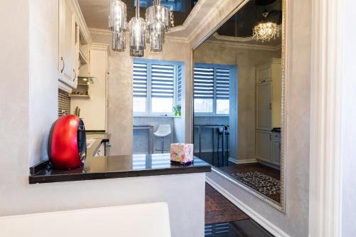 a kitchen with a mirror and a red object on a counter at Botanic Towers the house has a shelter in Kyiv