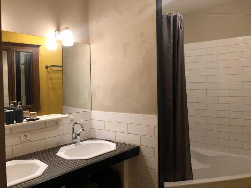 a bathroom with a sink and a tub and a mirror at A L’Abri Du Loup in Roquefort-sur-Garonne