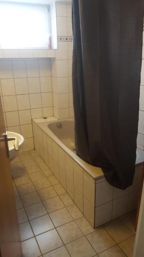 a bathroom with a bath tub with a shower curtain at GZ Hostel Bonn in Bonn