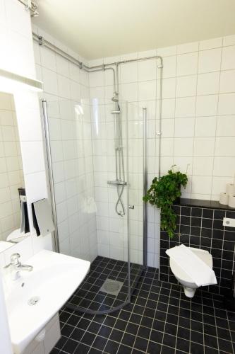 a bathroom with a shower and a sink and a toilet at City Central Hotel Örebro by First Hotels in Örebro
