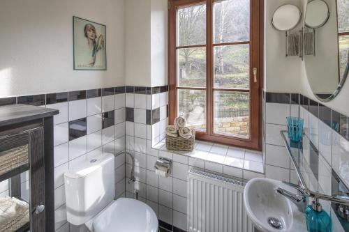 a bathroom with a toilet and a sink at Vikendovka Korce in Dubá