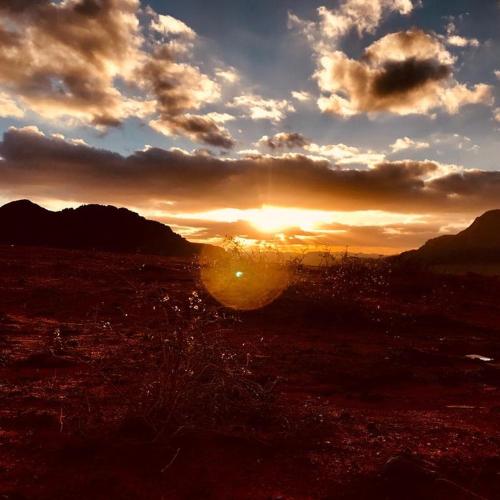 zachód słońca na polu z zachodzącym słońcem w obiekcie Wadi Rum Excursions w mieście Wadi Rum