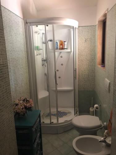 a bathroom with a shower and a toilet and a sink at Appartamento l’Akorea in Convento