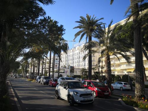 een witte auto rijdt door een straat met palmbomen bij Apartment Cannes Croisette in Cannes