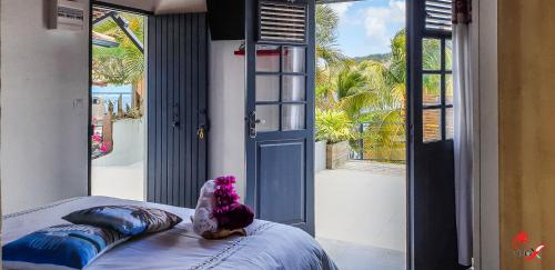un bambino sdraiato su un letto di fronte a una finestra di Villa Fleur d'O a Le Robert