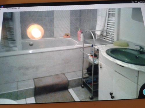 a bathroom with a bath tub and a sink at Le Pressoir in Saint-Julien-de-Coppel