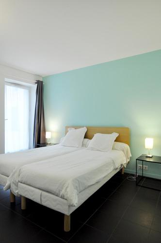 a bedroom with a large white bed with a window at Temporesidence Chateauneuf in Bayonne