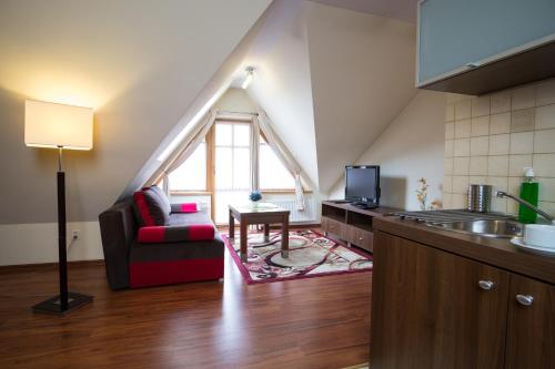 a kitchen with a living room with a window at Aparthotel Bellamonte in Zakopane