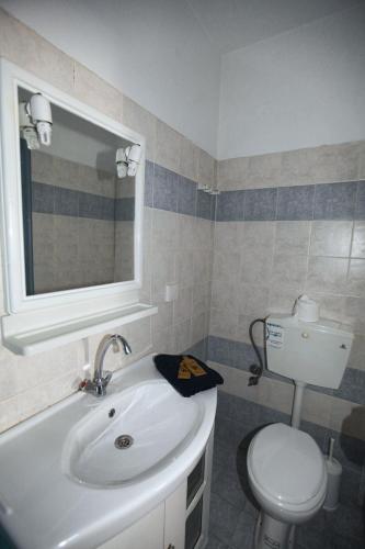 a bathroom with a sink and a toilet and a mirror at Oikeion in Ermoupoli