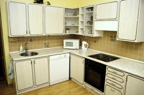 kuchnia z białymi szafkami, zlewem i kuchenką mikrofalową w obiekcie Apartmán v centru w mieście Havlickuv Brod