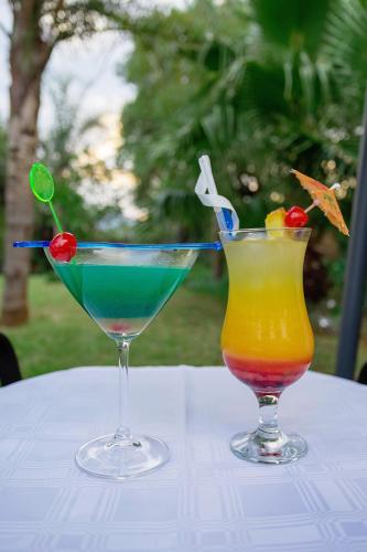 two cocktails sitting on a table on a table at Three Oaks and an Aloe Boutique Hotel in Hartbeespoort