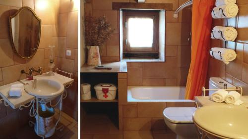 two pictures of a bathroom with a sink and a toilet at A Casa da Natália in Alvares