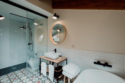 a bathroom with a sink and a shower at Palacio Condes de Cirac in Villalba de Rioja