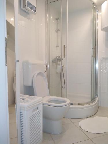 a white bathroom with a toilet and a shower at Apartment Emma in Mali Lošinj