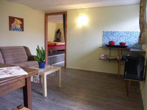 a living room with a couch and a table at Trekkershut Isidorus in Winterberg