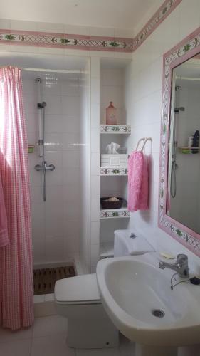 een badkamer met een wastafel, een douche en een toilet bij Apartamento con vistas al mar in Santiago de la Ribera