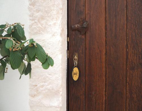 a door with a tag on it next to a plant at Albergo Diffuso Sotto le Cummerse in Locorotondo