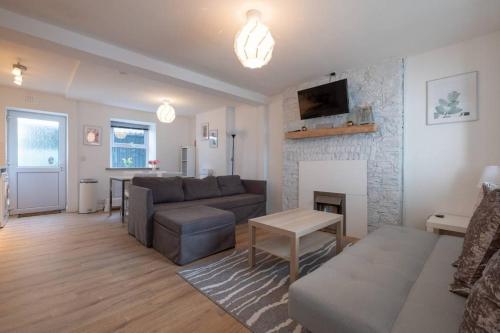 a living room with a couch and a fireplace at Galway City Cottage in Galway