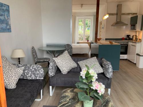 un salon avec deux canapés et une cuisine dans l'établissement St Guenole' Studio Apartment, à Landévennec