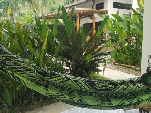 a hammock in a garden with plants at Mares de Camburizinho in Camburi