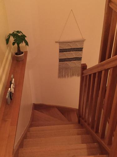 a stairway with a plant and a hanging towel at la ferme des ruelles in Moigny