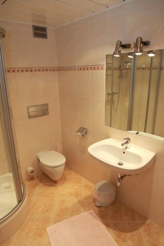 a bathroom with a sink and a toilet and a shower at Gasthof Karlwirt in Sankt Andrä im Lungau