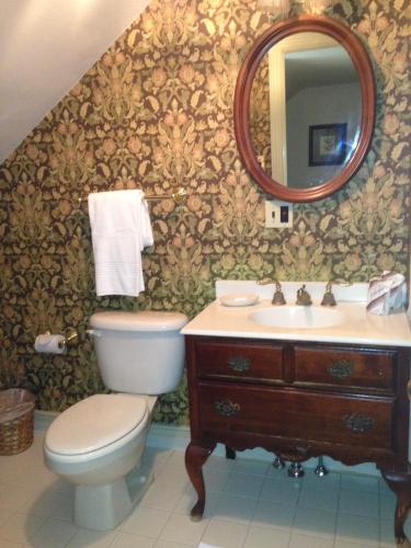 a bathroom with a toilet and a sink and a mirror at General Warren in Malvern
