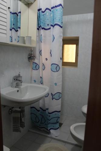 ein Bad mit einem Waschbecken und einem Duschvorhang in der Unterkunft Appartamento Cielo in Costermano sul Garda