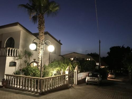 a palm tree in front of a house at night at Villa Grazia in Capo Vaticano