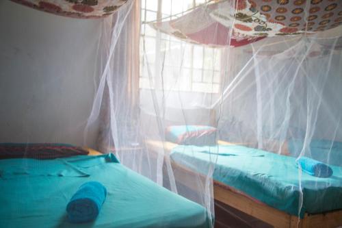 a bedroom with two twin beds and a window at Blend Lodge and Kitchen in Zomba