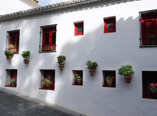 米哈斯科斯塔的住宿－Valleverde Apartment，白色的建筑,有红色的窗户和盆栽植物