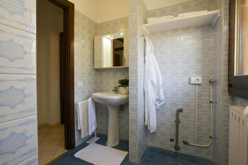 y baño con lavabo y ducha. en Residenza San Martino en Cissano