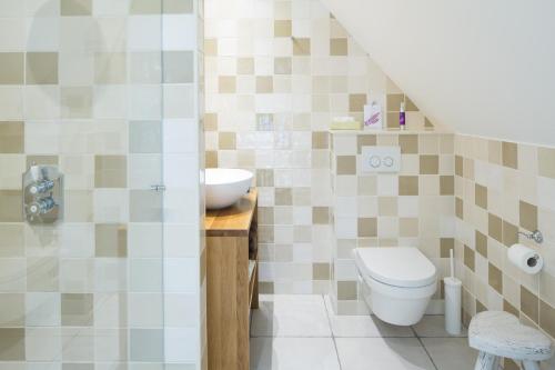 a bathroom with a toilet and a sink at Het Schepershoes in Peest