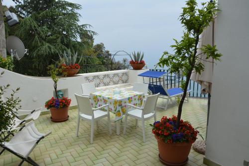 een patio met een tafel, stoelen en planten bij Le Cicale - Apartments in Conca dei Marini