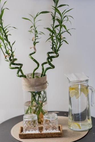 a table with a vase with a plant and glasses at Palacio De Los Navas in Granada
